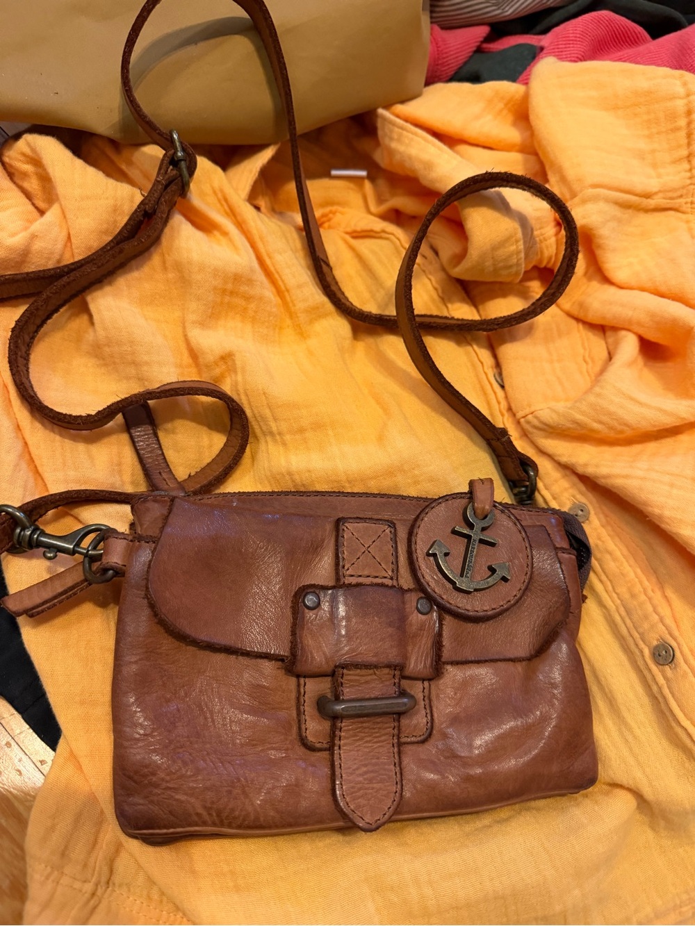 Second Harbour Leather  Crossbody Bag with Anchor Charm - Brown